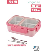 Vagonlife Lunch Box 700 ML Tek Kat İki Bölmeli Metal Kaşıklı Yeni Nesil Sefer Tası-FFLBOX7096 (Pembe)