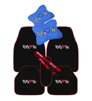Tofaş 5 Parça Nakışlı Siyah Oto Halı Paspas / Tofaş Araç Seyahat Boyun Yastığı & Oto Ayna Askısı (Siyah-Mavi)