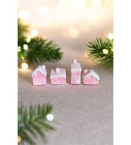 Dekoratif Beton 4'lü Yılbaşı Temalı Karlı Noel Evleri Biblo Seti Yılbaşı Süsleri Hediyelik 3x5cm (Pembe)