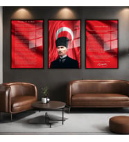 3'lü Metal Çerçeveli Cam Tablo Seti Kalpaklı Atatürk İstiklal Marşı ve Gençliğe Hitabe (Siyah)
