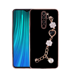 Xiaomi Redmi Note 8 Pro Kılıf El Askılı Tutamaçlı Kamera Korumalı Renkli Gold Kenar Silikon Kapak (Siyah)