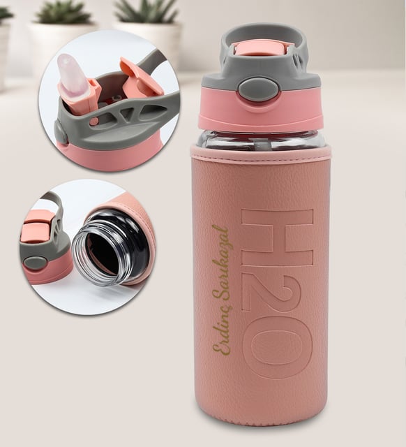 Kişiye Özel Deri Kılıflı Pipetli 500 Ml Cam Matara (Pembe)