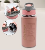 Kişiye Özel Deri Kılıflı Pipetli 500 Ml Cam Matara (Pembe)