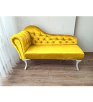 Dekoratif Bihter Koltuk Josefin Puf 110 cm Beyaz Ayak (Sarı)