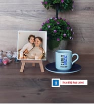 Babaya Hediye Fotoğraflı Dekoratif Taş, Ahşap Altlıklı Türk Kahvesi Fincanı Hediye (Model 4)