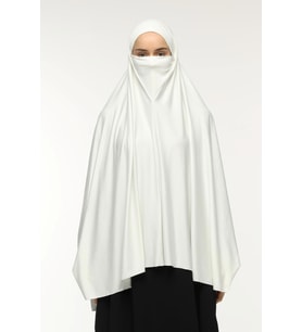 Kollu Sufle Çarşaf Üstü Peçeli Pratik Tesettür Hijab - Nikaplı Namaz Örtüsü (Ekru)
