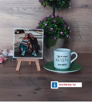Kuzene Hediye Fotoğraflı Dekoratif Taş, Ahşap Altlıklı Türk Kahvesi Fincanı Hediye (Model 9)