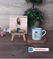 Arkadaşa Hediye Kaktüs Fotoğraflı Dekoratif Taş, Ahşap Altlıklı Türk Kahvesi Fincanı Hediye Doğum Günü Hediyesi (Model 1)