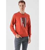 Slimfit Bisiklet Yaka Önü Baskılı 2 İplik Erkek Sweatshirt (Kiremit)