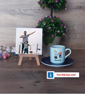 Babalar Günü Hediyesi Fotoğraflı Dekoratif Taş, Ahşap Altlıklı Türk Kahvesi Fincanı Hediye Babaya Doğum Günü Hediyesi (Model 4)