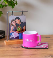 Ahşap Standlı Fotoğraflı Çerçeve & Kişiye Özel Ahşap Sunumlu Çay & Nescafe Fincanı (Pembe)