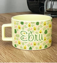 Kişiye Özel İsme Özel Hediye Pastel Fincan Avokado Desenli Meyveli (Sarı)