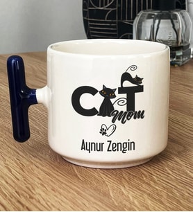 Kişiye Özel Cat Mom Hediye T Kupa Bardak Kedi Annesi -5- (Lacivert)