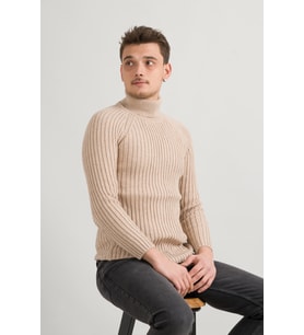 Slimfit Kendinden Çizgili Tam Balıkçı Pamuklu Kalın Triko Erkek Kazak (Krem)