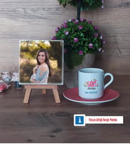 Kadın Sınıf Öğretmenine Hediye Fotoğraflı Dekoratif Taş, Ahşap Altlıklı Türk Kahvesi Fincanı Hediye Öğretmenler Günü Hediyesi (Model 6)