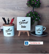 Damat Hediye Seti Dekoratif Taş, Kalemlik, Ahşap Altlıklı Türk Kahvesi Fincanı Hediye (Model 7)