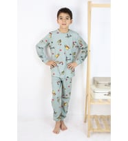 Erkek Çocuk Baskılı interlok Kumaş Uzun Kollu Pijama Takımı (Açık Yeşil)
