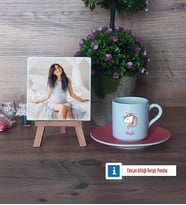 Unicorn Fotoğraflı Dekoratif Taş, Ahşap Altlıklı Türk Kahvesi Fincanı Hediye (Model 6)