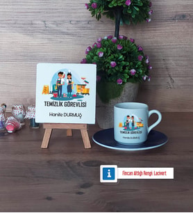 Temizlik Görevlisi Dekoratif Taş, Türk Kahvesi Fincanı Kırmızı İsme Özel Hediye (Model 2)
