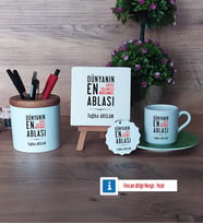 Ablaya Hediye Hediye Seti Dekoratif Taş, Kalemlik, Ahşap Altlıklı Türk Kahvesi Fincanı, Ahşap Anahtarlık Hediye (Model 9)