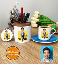 Kişiye Özel Karikatürlü Baba Hediye Seti Türk Kahvesi Fincanı, Kalemlik, Anahtarlık Babaya Babalar Günü Doğum Günü Hediyesi (Mavi)
