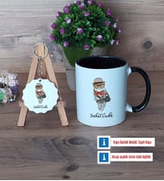 Baykuş Kupa Bardak Kırmızı ve Ahşap Anahtarlık Hediye (Model 10)