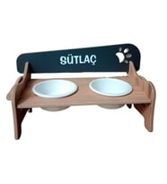 Özel İsimli Seramik Kaseli Ahşap Kedi-Köpek Mama ve Su Kabı Stantı (ATLANTİK-ANTRASİT)