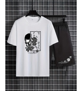 AMOR MAN ÖZEL TASARIM KURU KAFA GÜL BASKILI OVERSİZE SOKAK STİLİ ERKEK T-SHIRT ŞORT TAKIMI (Beyaz)