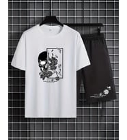 AMOR MAN ÖZEL TASARIM KURU KAFA GÜL BASKILI OVERSİZE SOKAK STİLİ ERKEK T-SHIRT ŞORT TAKIMI (Beyaz)