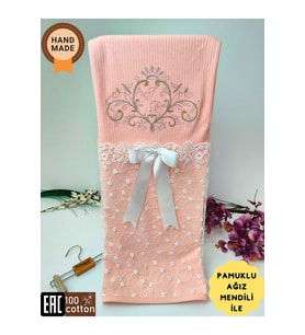Pembe Kız Bebek Battaniyesi %100 Pamuklu Şık Dantelli Nakışlı Doğal Organik Uyku Örtüsü Yenidoğan (Somon)