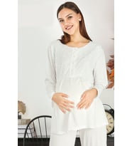 Göğüs Ve Omuz Dantel Detaylı Kadın Hamile Pijama Takımı 1030 (Ekru)