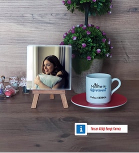 Matematik Öğretmeni Fotoğraflı Dekoratif Taş, Ahşap Altlıklı Türk Kahvesi Fincanı Hediye Matematik Öğretmenine Hediye (Model 3)
