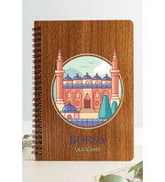 Bursa Ulu Camii Şehir Tasarım Ahşap Kapaklı Defter Kraft Kağıt Özel Tasarım (Ceviz Rengi)