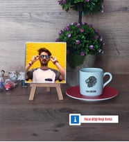 Aslan Fotoğraflı Dekoratif Taş, Ahşap Altlıklı Türk Kahvesi Fincanı Hediye (Model 3)