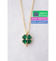 Jewelmim Yeşil Taşlı Dört 4 Yapraklı Yonca Gümüş Kolye Sarı Altın Kaplama 925 Ayar Kadın Gümüş Yonca Kolye (Sarı)