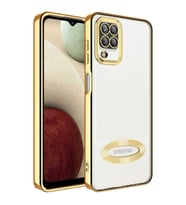 Samsung Galaxy A12 Kılıf Logo Yeri Açık Kamera Lens Korumalı Renkli Kenarlı Şeffaf Silikon (Gold)