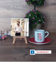 Öğretmene Hediye Fotoğraflı Dekoratif Taş, Ahşap Altlıklı Türk Kahvesi Fincanı Hediye (Model 3)