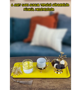 Dekoratif Servis Sunum Tepsisi 6 Adet Metal Çay Kahve Pasta Tatlı ve Kahvaltı Tepsisi (Sarı)