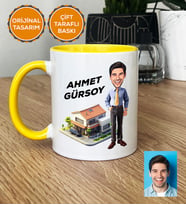 Kişiye Özel Karikatürlü Emlakçı Hediye Kupa Bardak Emlakçı Hediyeleri (Sarı)