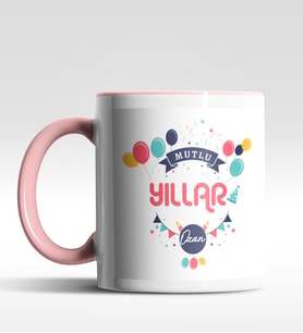 Kişiye Özel Mutlu Yıllar Tasarımlı Siyah Kupa (Pembe)