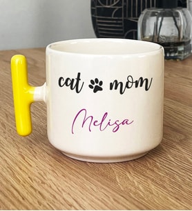 Kişiye Özel Cat Mom Hediye T Kupa Bardak Kedi Annesi -2- (Sarı)