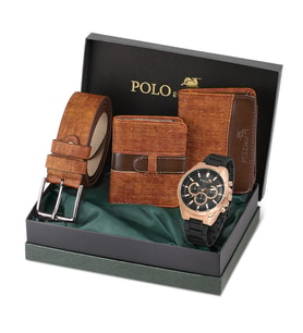 Polo Air Erkek Kol Saati Cüzdan Kemer Kartlık Kombin PL-0840E (Taba)