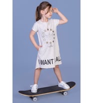 Toontoy Kız Çocuk  I Want It All Baskılı Elbise (Kahve Melanj)