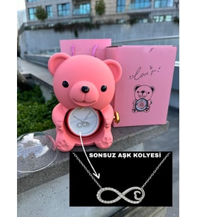 aşk ayıcığı ve sonsuz aşk kolyesi ( ayıcık kolye kutusu ve çelik sonsuzluk kolye) (Pembe)