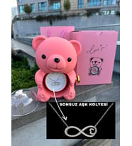aşk ayıcığı ve sonsuz aşk kolyesi ( ayıcık kolye kutusu ve çelik sonsuzluk kolye) (Pembe)
