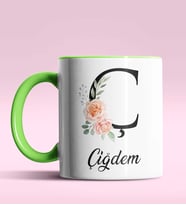 Kişiye Özel Ç Harfi Temalı Gül Tasarım Siyah Renk Kupa (Yeşil)