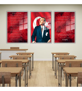 3'lü Metal Çerçeveli Cam Tablo Seti Atatürk İstiklal Marşı ve Gençliğe Hitabe (Gümüş)