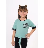 Toontoy Kız Çocuk Önü Bağlama Detaylı Baskılı Tişört (Yeşil)