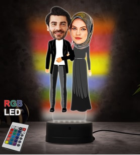 Doğum Günü Hediyesi,Sevgiliye Hediye, Kişiye Özel Fotoğraflı Tesettür Çift 4 Karikatür 3D Led Lamba (RGB)