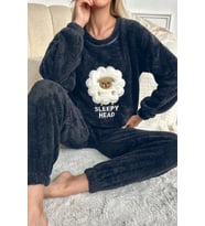 Nisanca Desenli Tam Peluş Kışlık Yılbaşı Kadın Pijama Takımı (Siyah)